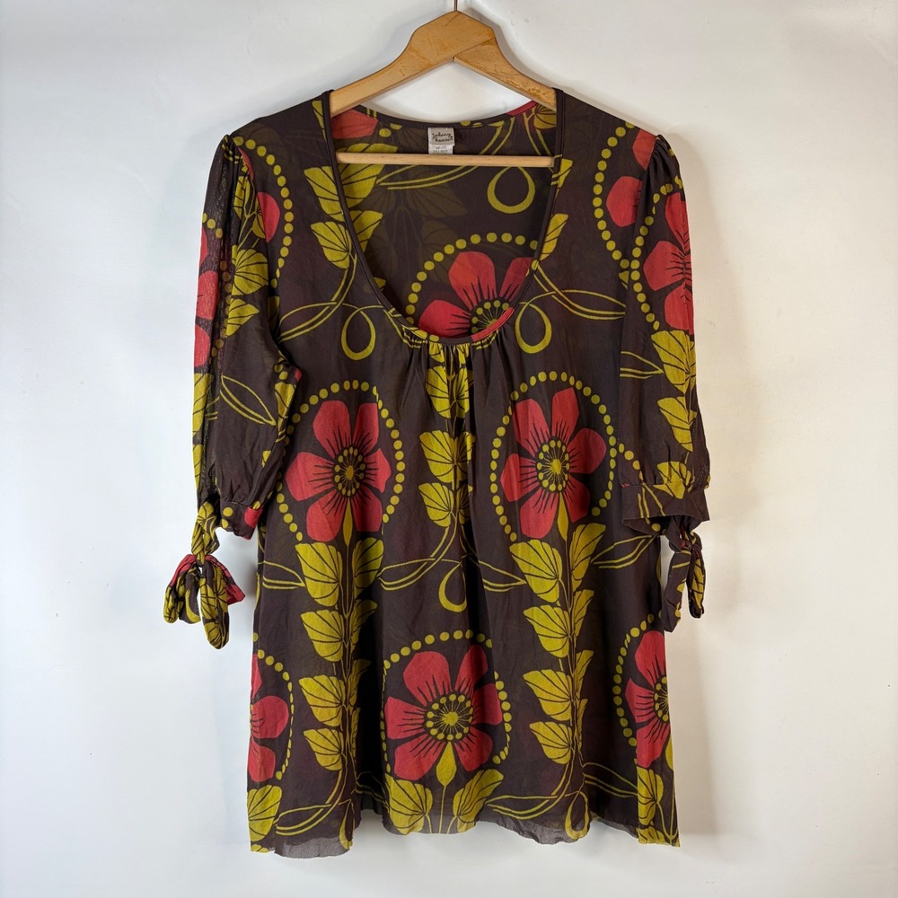 Johnny Heaven Tunic Top Womens 2XX Brown Floral Mesh Sheer Retro Boho Scoop Neck